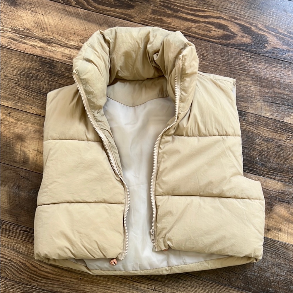 Beige Puffer Vest with High Collar